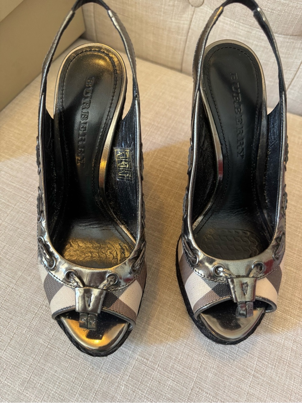 Burberry Nova Check Espadrille Wedge Slingback Heels with Metallic Trim/Tassles - Picture 2 of 9